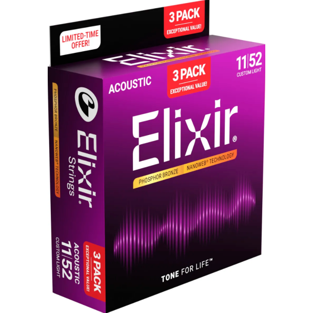 Elixir Nanoweb Acoustic Phosphor Bronze 16568 3 Pack Custom Light 11-52